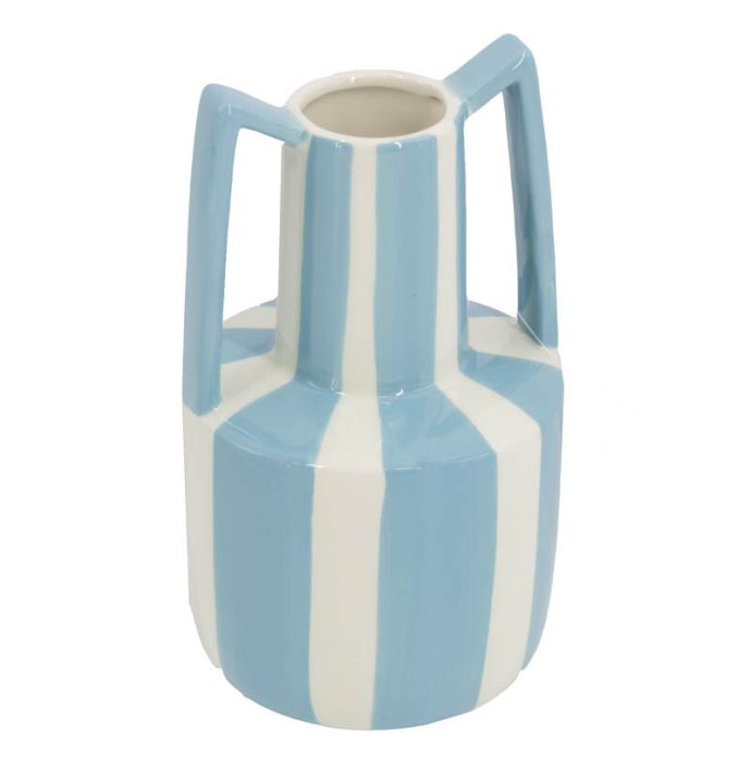 Aardewerk vaas met oren stripe light blue