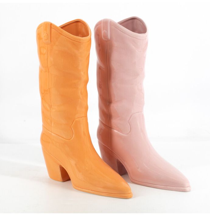 Aardewerk vaas cowboy boot oranje