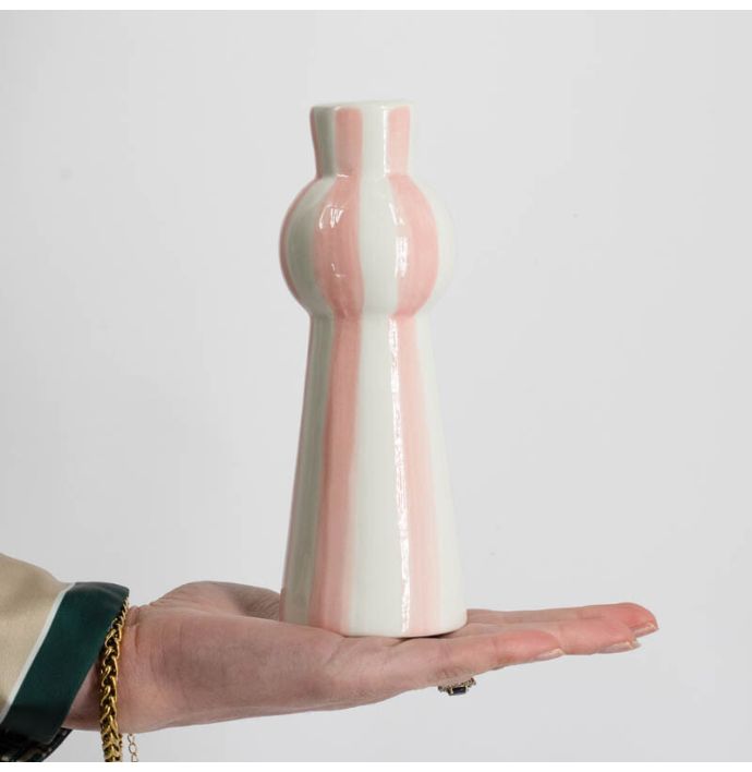 Kaarsenstandaard keramiek stripes roze