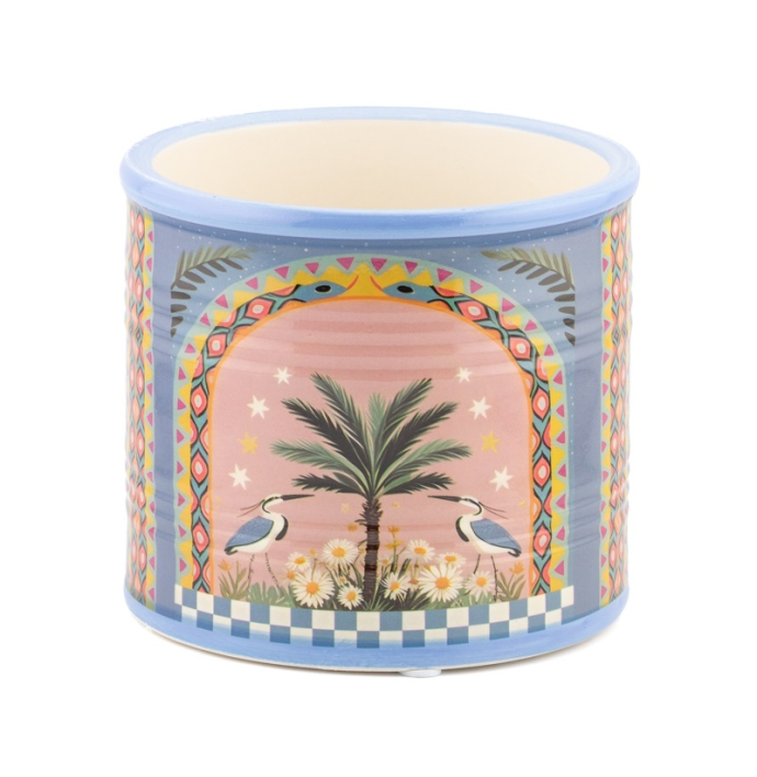 Aardewerk bloempot palm bird