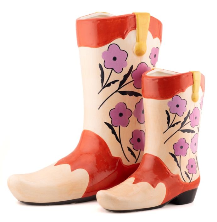 Aardewerk vaas cowboy boot flower L