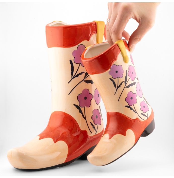 Aardewerk vaas cowboy boot flower S