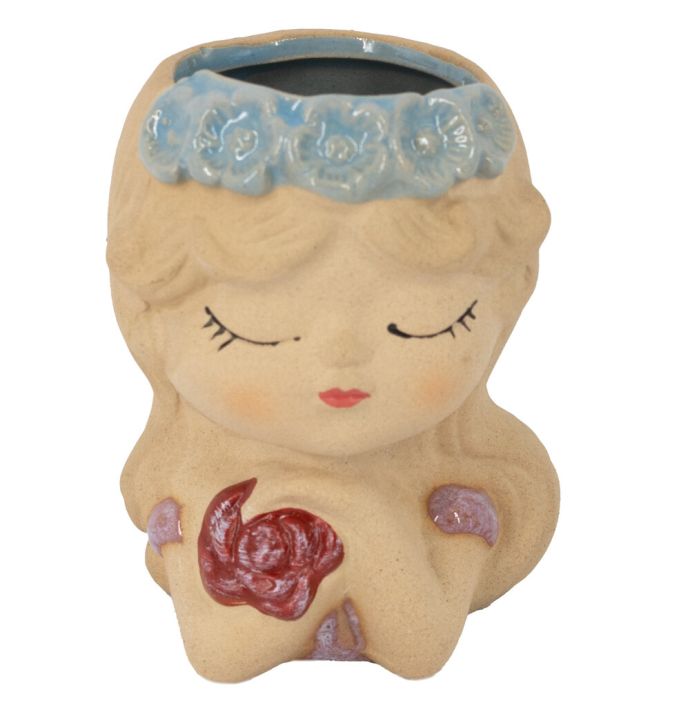 Aardewerk vaasje meisje met bloemenkrans