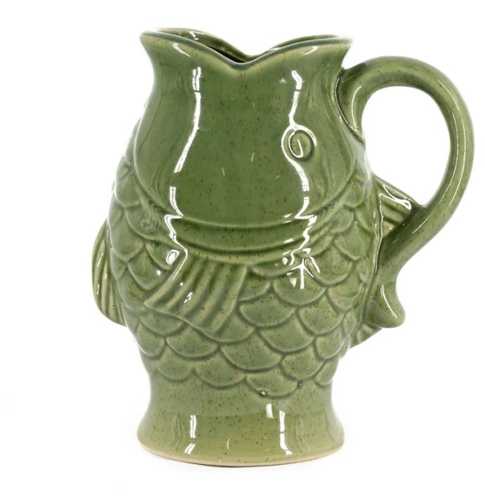 Aardewerk vaas met oor vis S groen