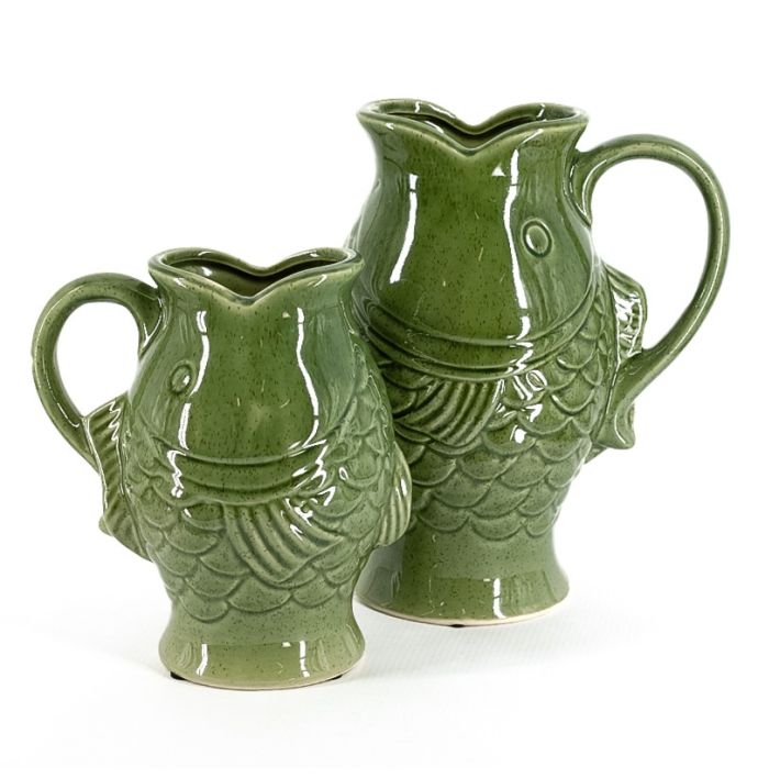 Aardewerk vaas met oor vis S groen