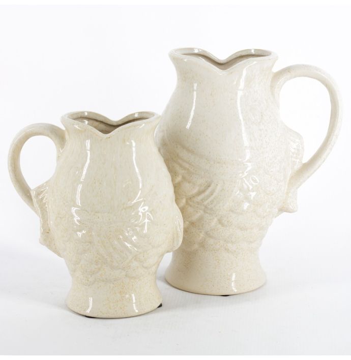 Aardewerk vaas met oor vis L beige