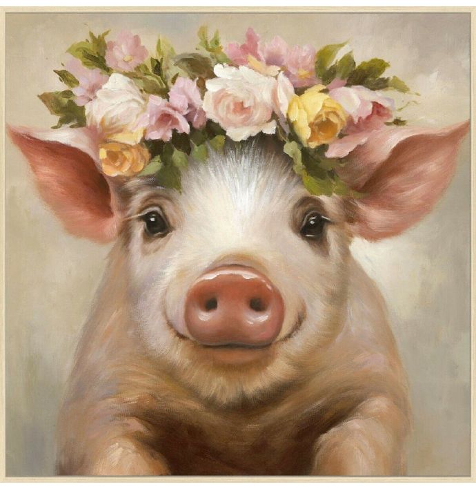 Schilderij canvas varken met bloemenkrans