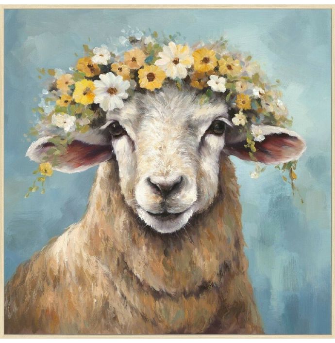 Schilderij canvas schaap met bloemenkrans
