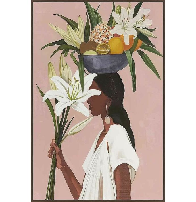 Schilderij vrouw met fruit en lelies 