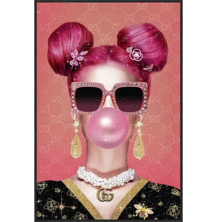 Schilderij tempered glass crystals pink bubble 