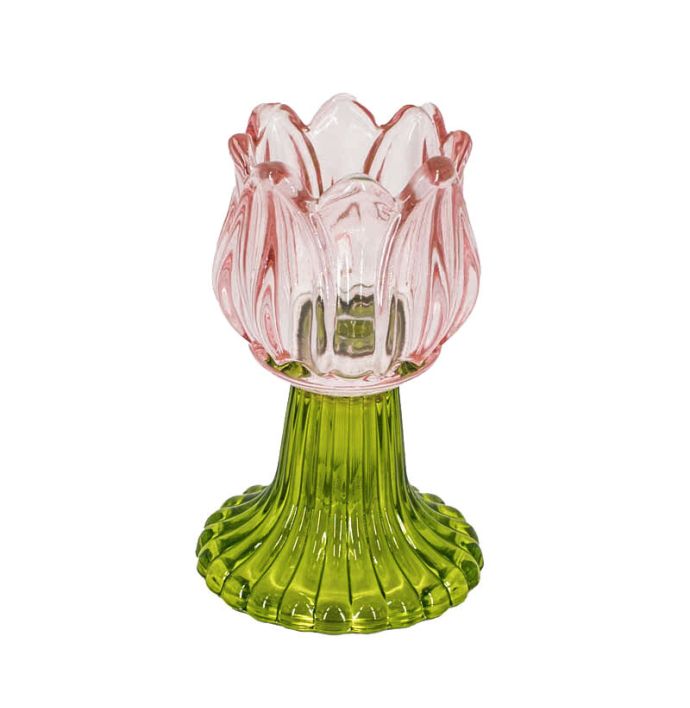 Waxinehouder tulp roze met groen