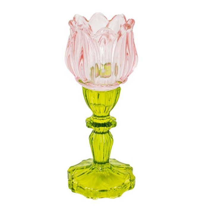 Waxinehouder tulp roze met groen