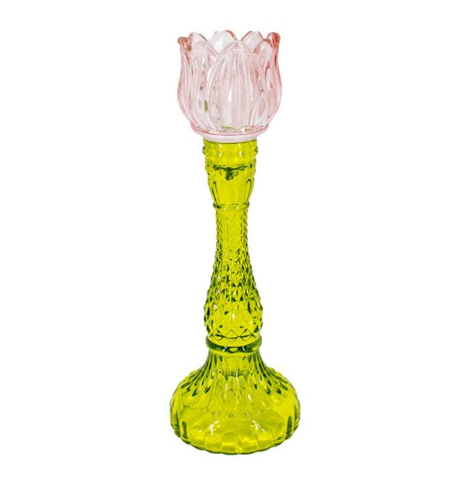 Waxinehouder tulp roze met groen