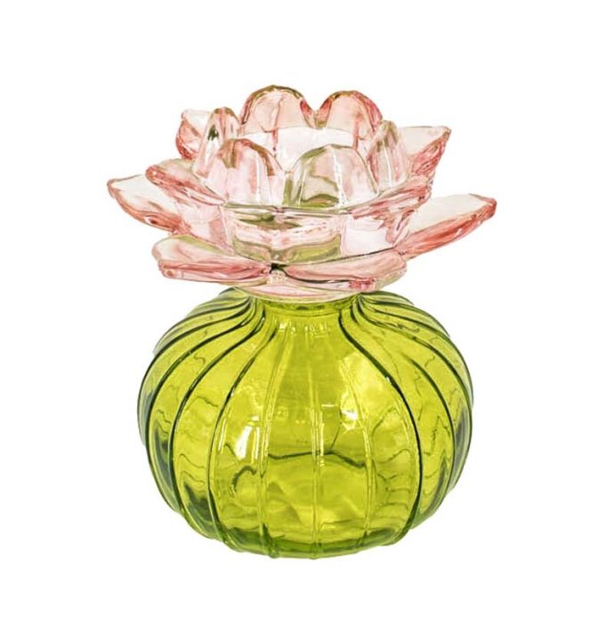 Waxinehouder bloem roze met groen