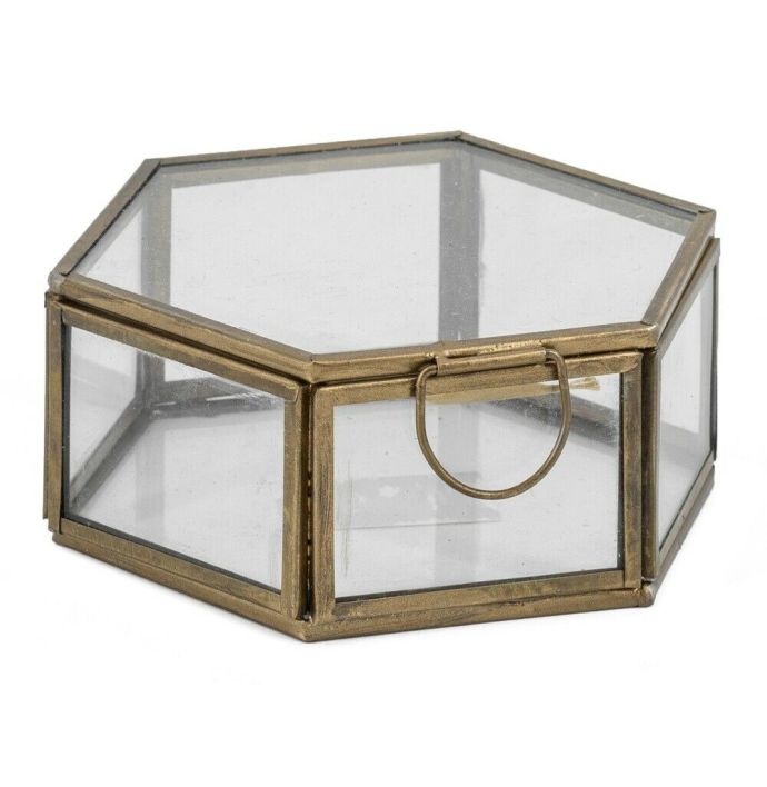 Glazen doosje hexagon met deksel goud