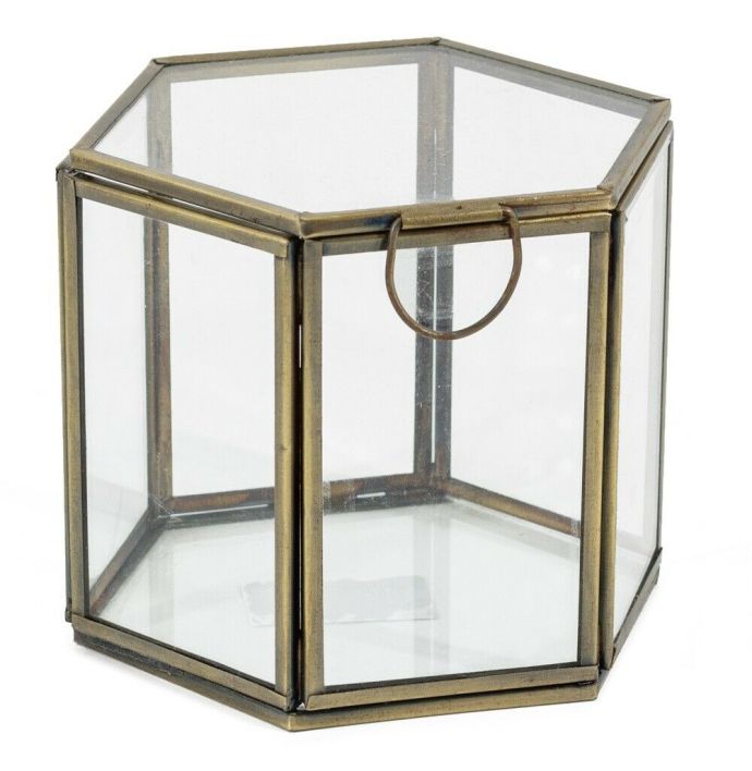 Glazen doosje hexagon met deksel goud