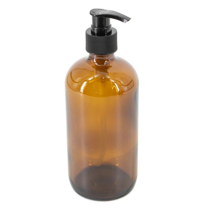 Glazen amber fles met zwarte plastic pomp