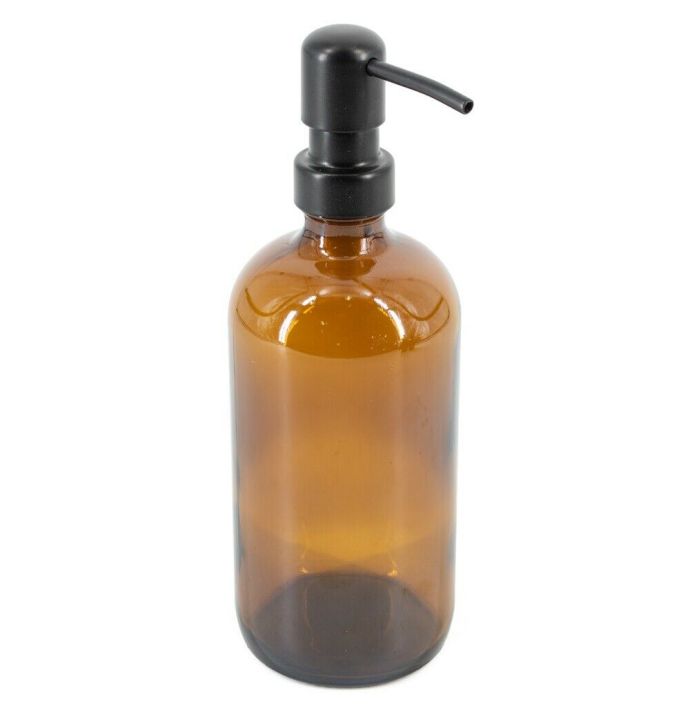 Glazen amber fles met zwarte RVS pomp