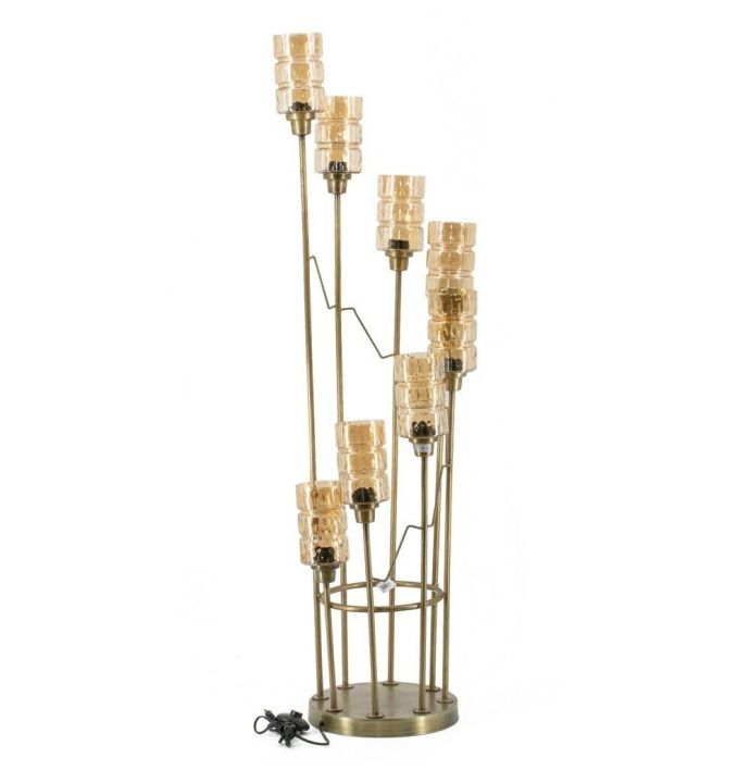 Vloerlamp met 8 glazen kappen roest/goud