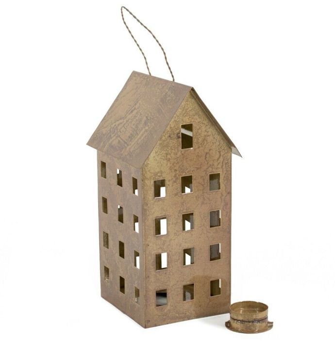 Metalen huisje waxinehouder peach