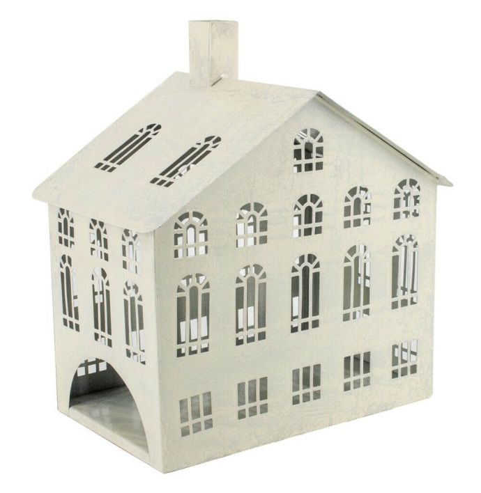 Metalen windlicht huis white crackle