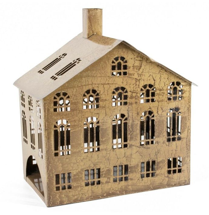 Metalen windlicht huis peach