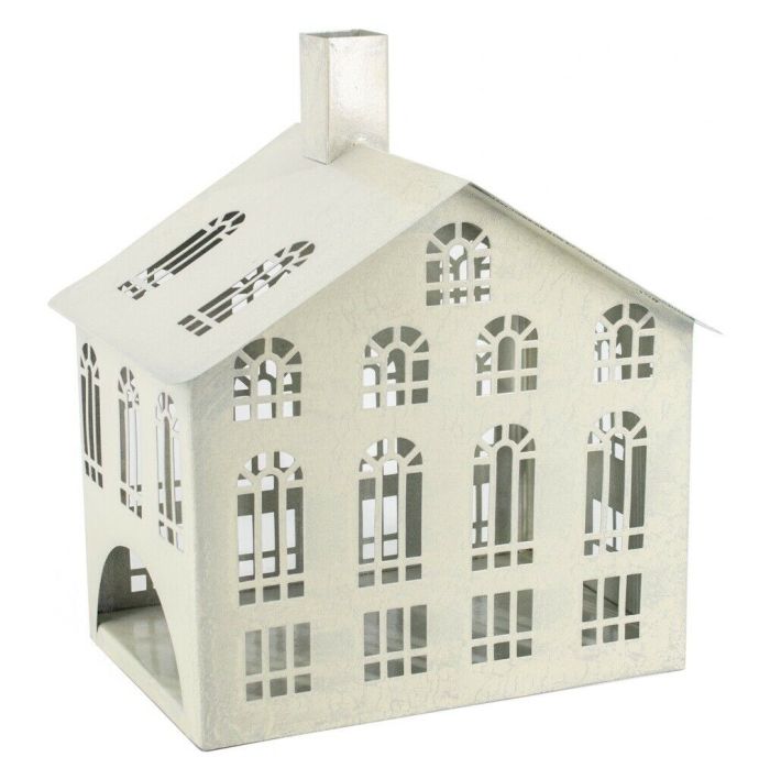 Metalen windlicht huis white crackle