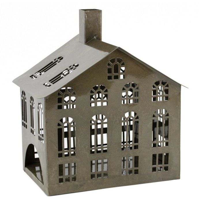 Metalen windlicht huis olive