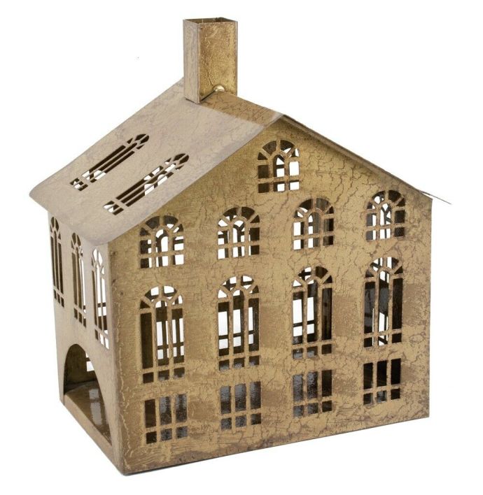 Metalen windlicht huis peach