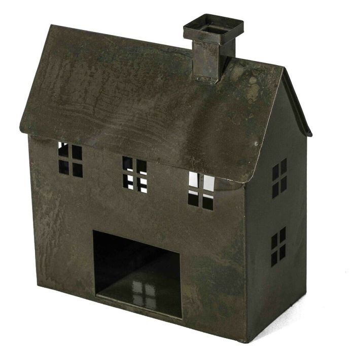 Metalen windlicht huis olive