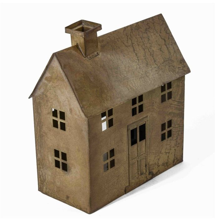 Metalen windlicht huis peach