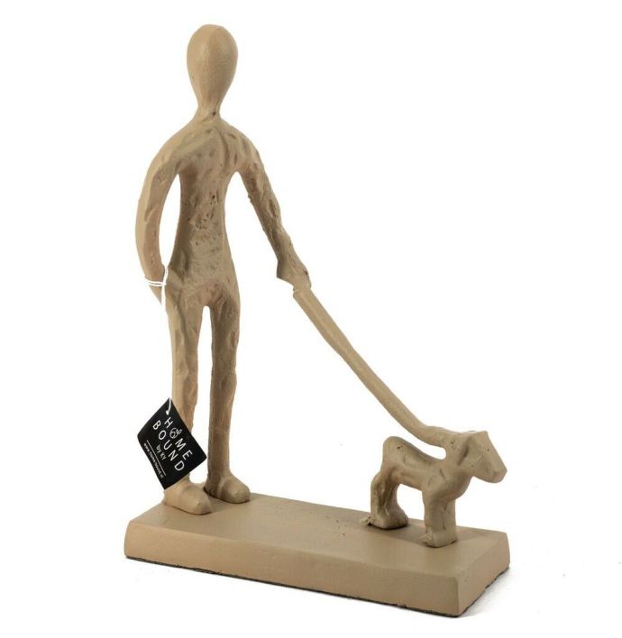 Decoratiebeeld metaal man met hond beige