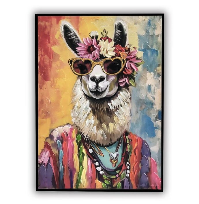 Schilderij 70s lama bloemenkrans