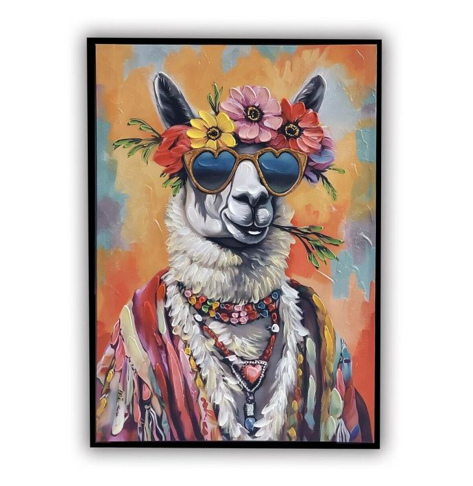 Schilderij 70s lama bloemenkrans