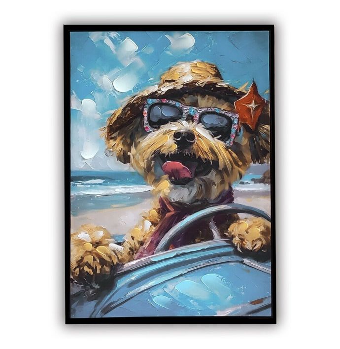 Schilderij Maltezer hond auto