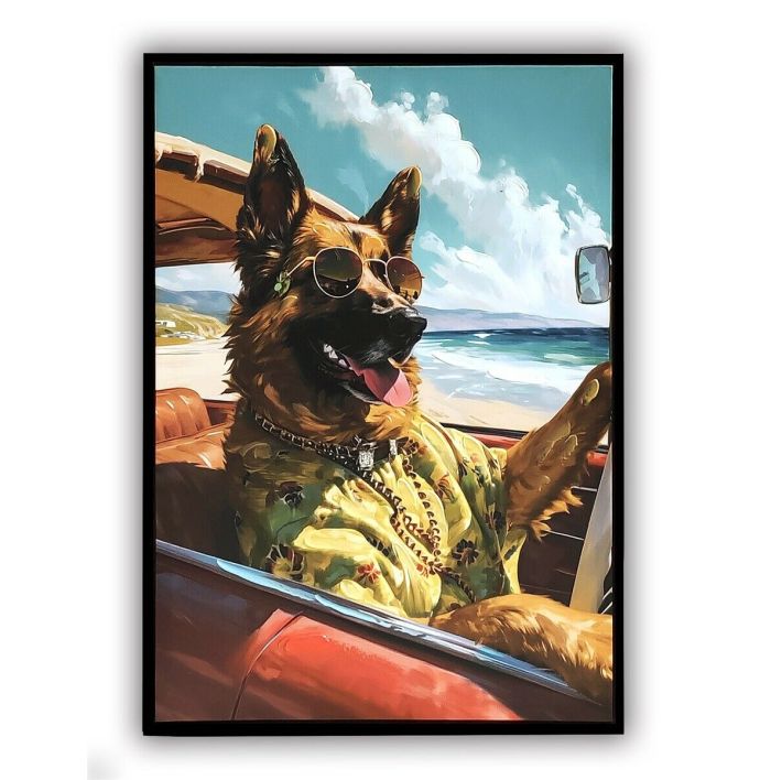 Schilderij Herdershond auto 