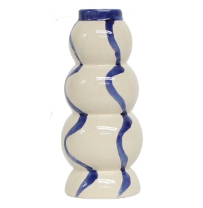 Aardewerk kandelaar lines blauw 