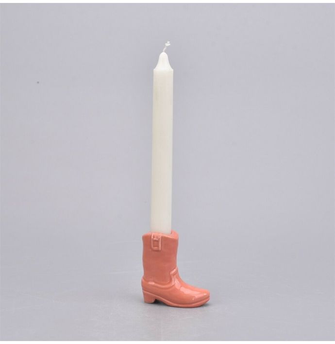 Aardewerk kaarsenstandaard cowboy laars salmon