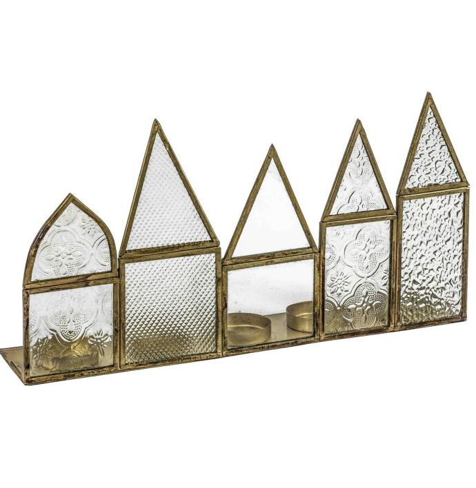 Metalen waxinestandaard rij huisjes metaal met glas