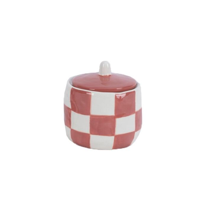 Aardewerk potje met deksel check peach