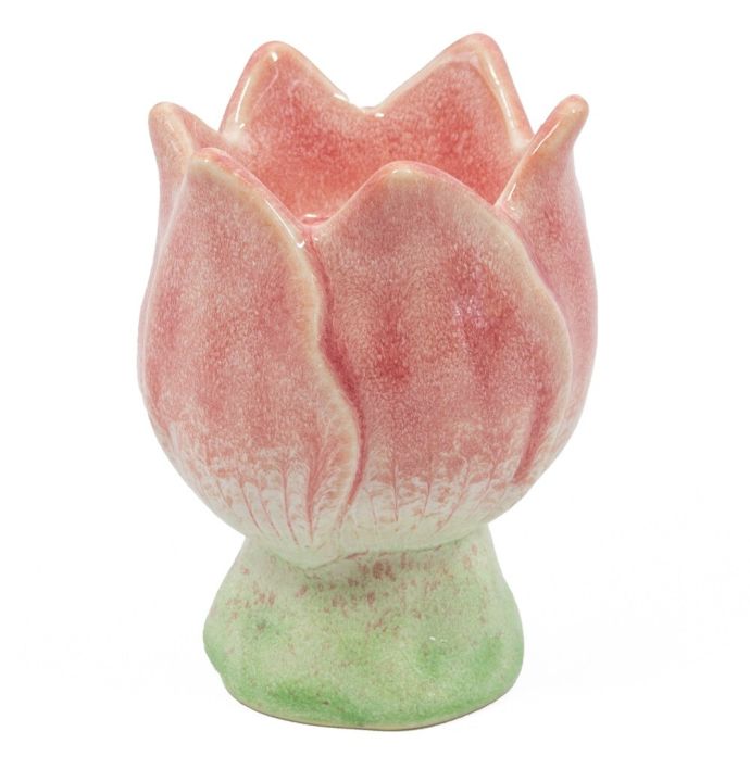 Aardewerk kaarsenstandaard tulp roze