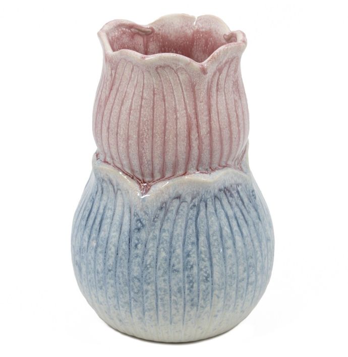 Aardewerk vaas tulp blauw/roze 