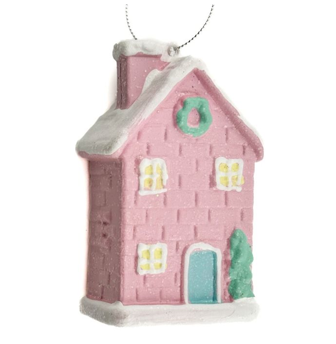 Kerstbal hanger huisje pastel