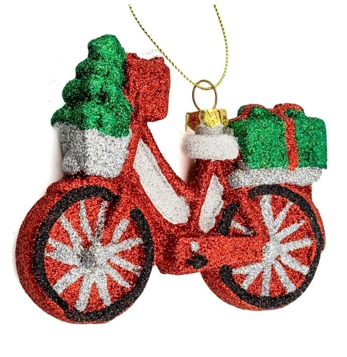 Kersthanger fiets met cadeautjes glitter