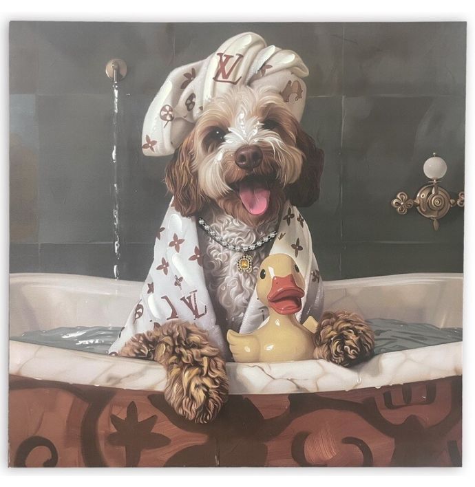 Schilderij hond in bad 60cm