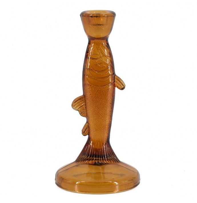 Glazen kaarsenstandaard vis amber