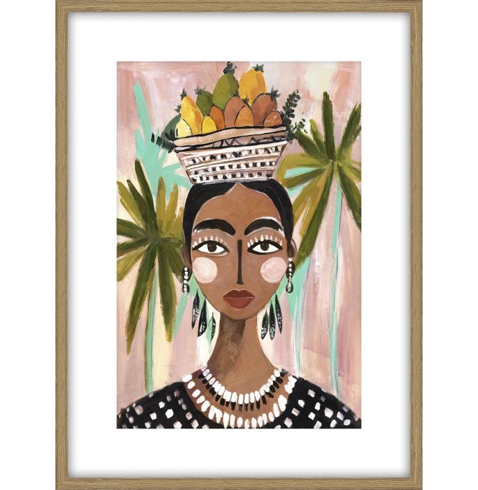 Schilderij met frame vrouw met fruitschaal