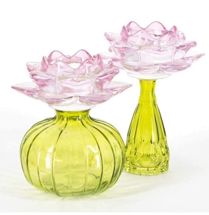 Waxinehouder bloem roze met groen