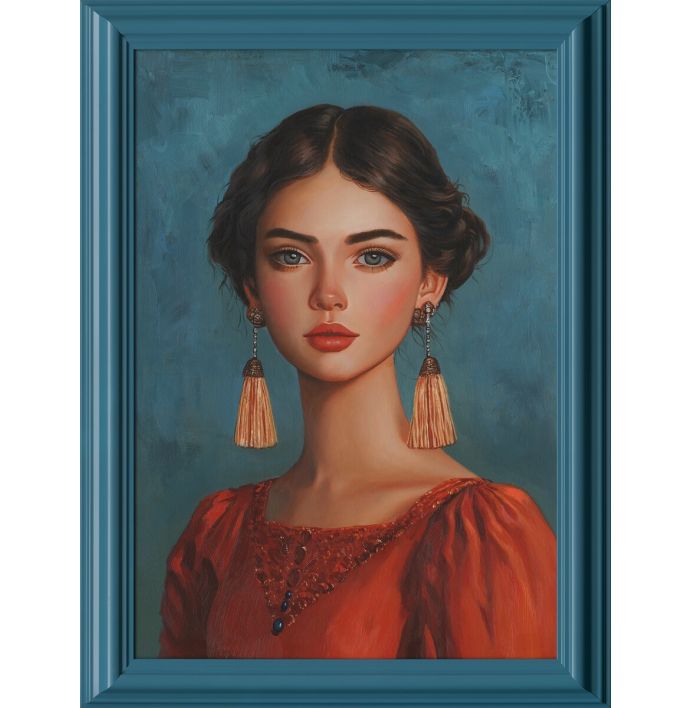 Schilderij met lijst portret blauw