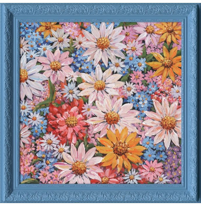 Schilderij met lijst floral blue 70x70cm